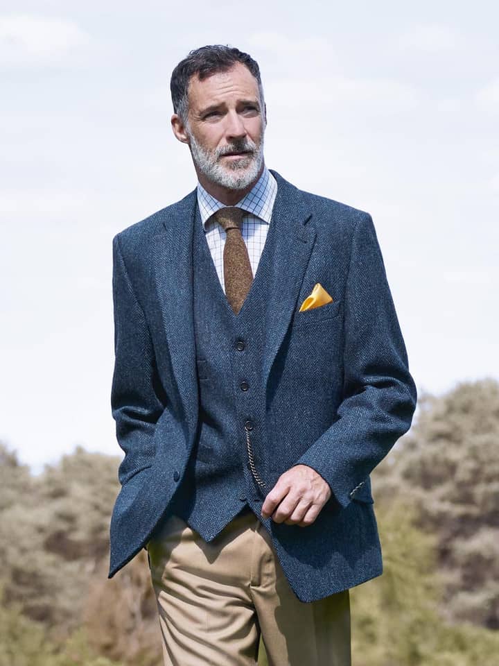 Model Wearing Mens Blue Harris Tweed Jacket