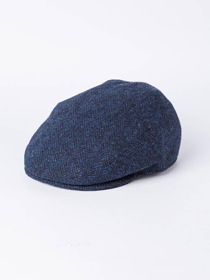 Herren-Kappe aus blauem Harris Tweed mit flachem Oberteil