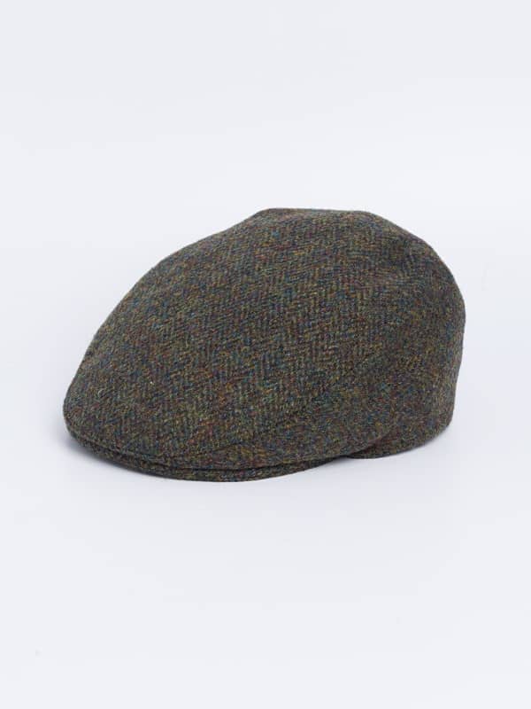 Grüne Harris Tweed-Kappe mit flachem Oberteil