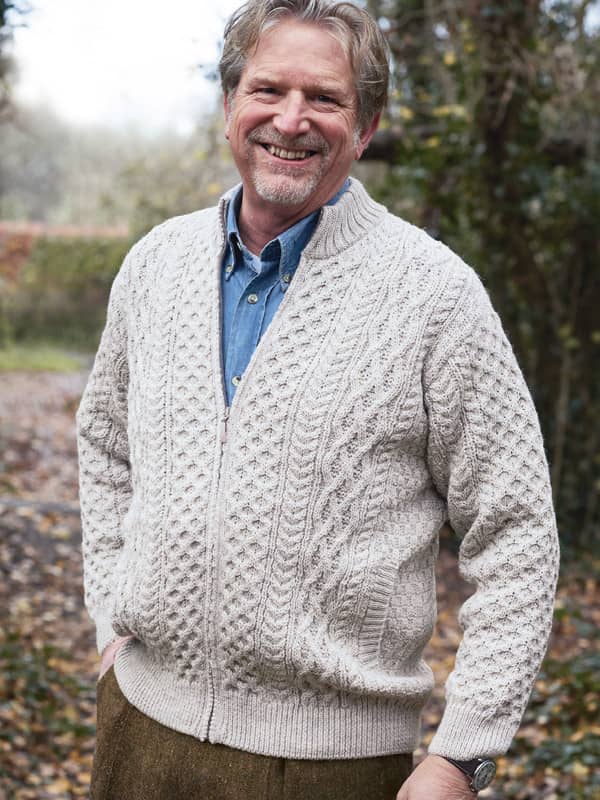 Reine Wolle Aran-Strickjacke mit Reißverschluss