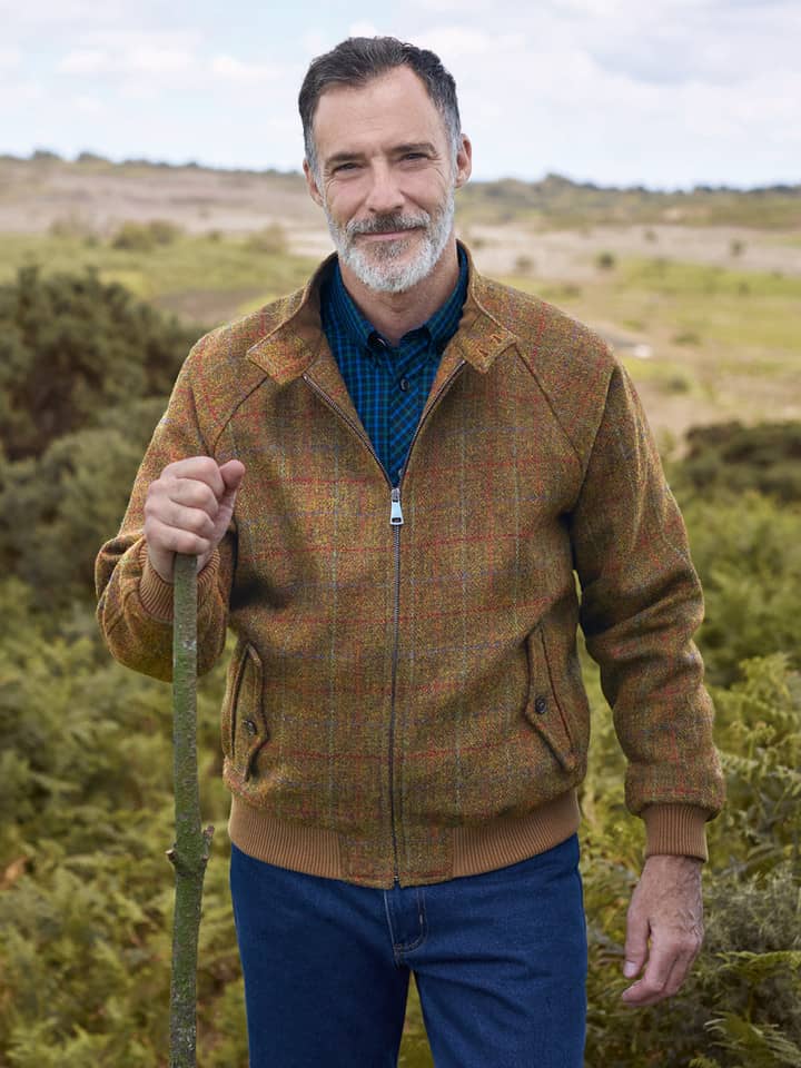 Model wears Amber Harris Tweed Harrington Jacket