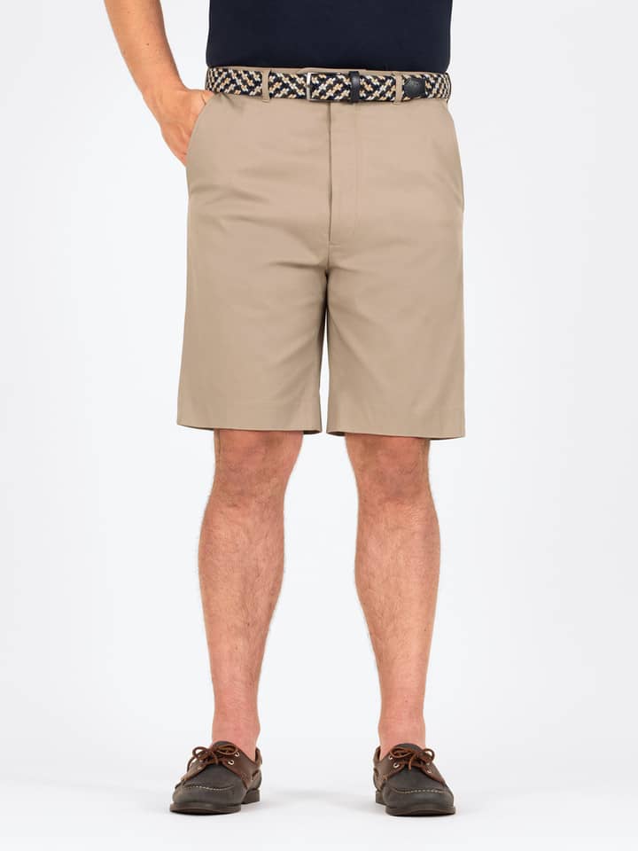 Herren-Sand-Khaki-Baumwoll-Stretch-Shorts mit flacher Vorderseite