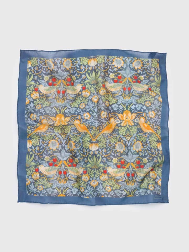 William Morris Navy Strawberry Thief Pocket Square