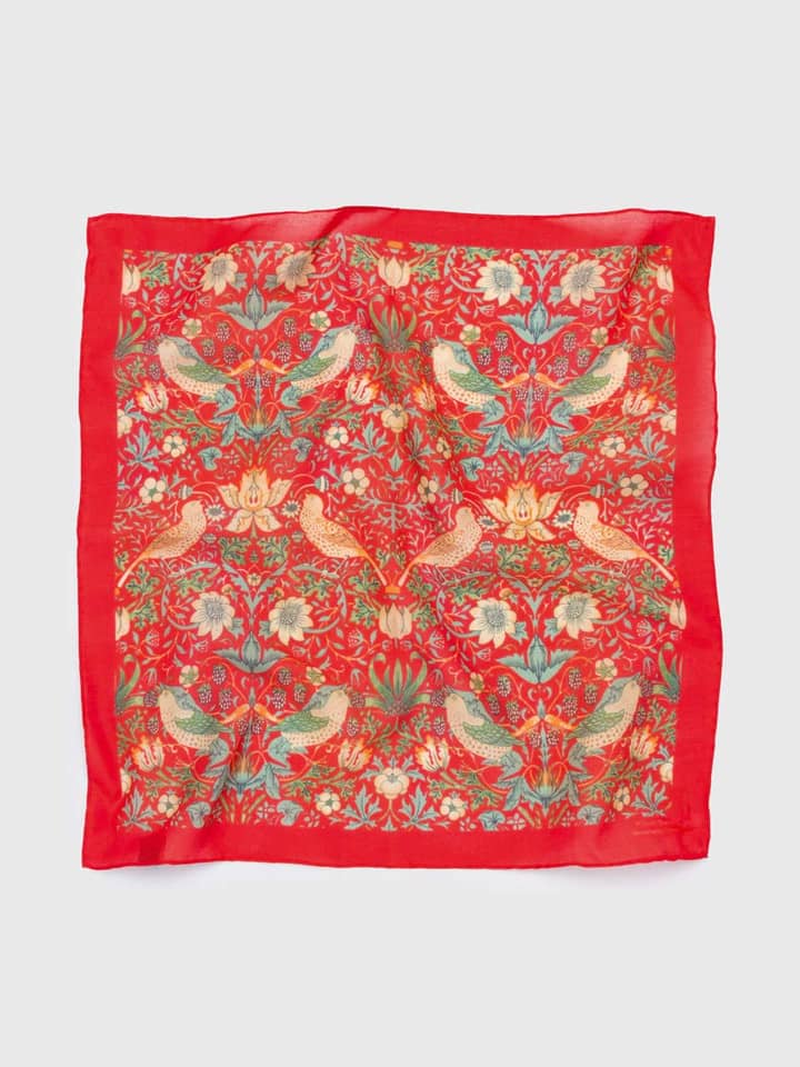 William Morris Red Strawberry Thief Pocket Square