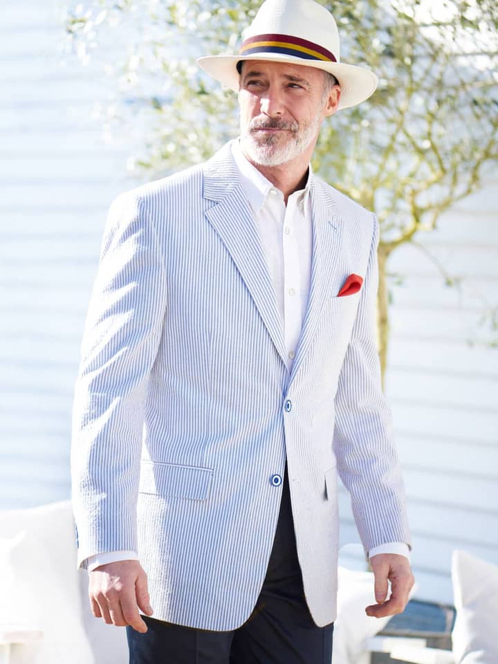 Men's Blue & White Striped Seersucker Jacket On Model